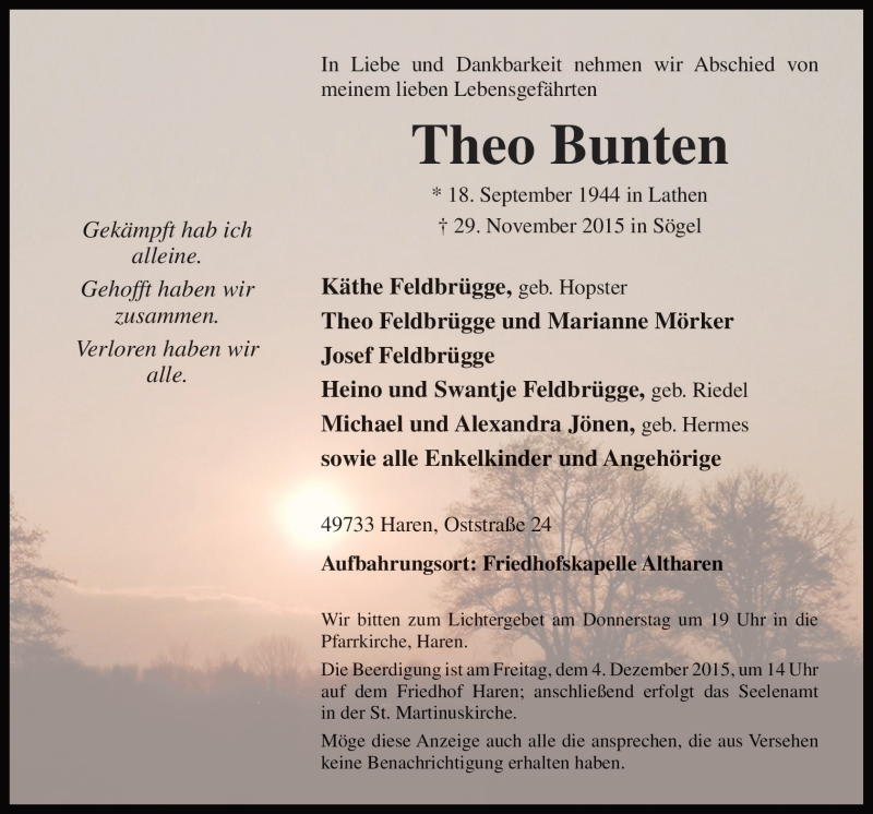 Traueranzeige für Theo Bunten vom 01.12.2015 aus Neue Osnabrücker Zeitung GmbH & Co. KG