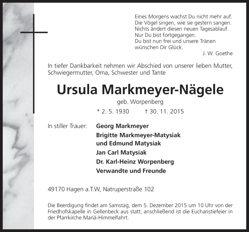  Traueranzeige für Ursula Markmeyer-Nägele vom 02.12.2015 aus Neue Osnabrücker Zeitung GmbH & Co. KG