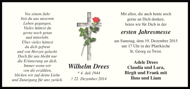  Traueranzeige für Wilhelm Drees vom 16.12.2015 aus Neue Osnabrücker Zeitung GmbH & Co. KG