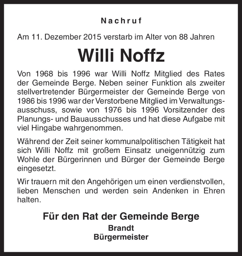  Traueranzeige für Willi Noffz vom 15.12.2015 aus Neue Osnabrücker Zeitung GmbH & Co. KG