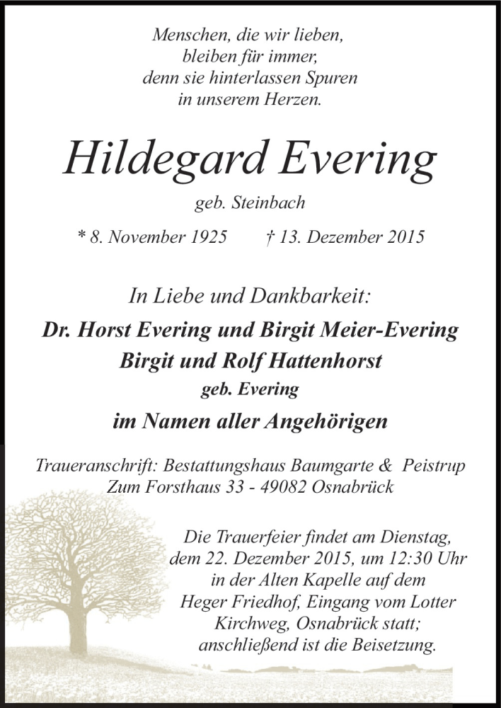  Traueranzeige für Hildegard Evering vom 19.12.2015 aus Neue Osnabrücker Zeitung GmbH & Co. KG