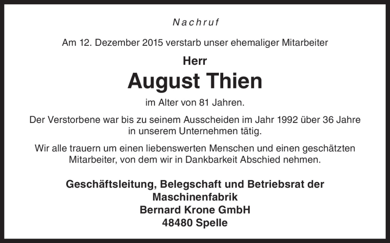  Traueranzeige für August Thien vom 17.12.2015 aus Neue Osnabrücker Zeitung GmbH & Co. KG