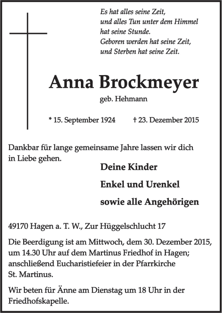  Traueranzeige für Anna Brockmeyer vom 28.12.2015 aus Neue Osnabrücker Zeitung GmbH & Co. KG