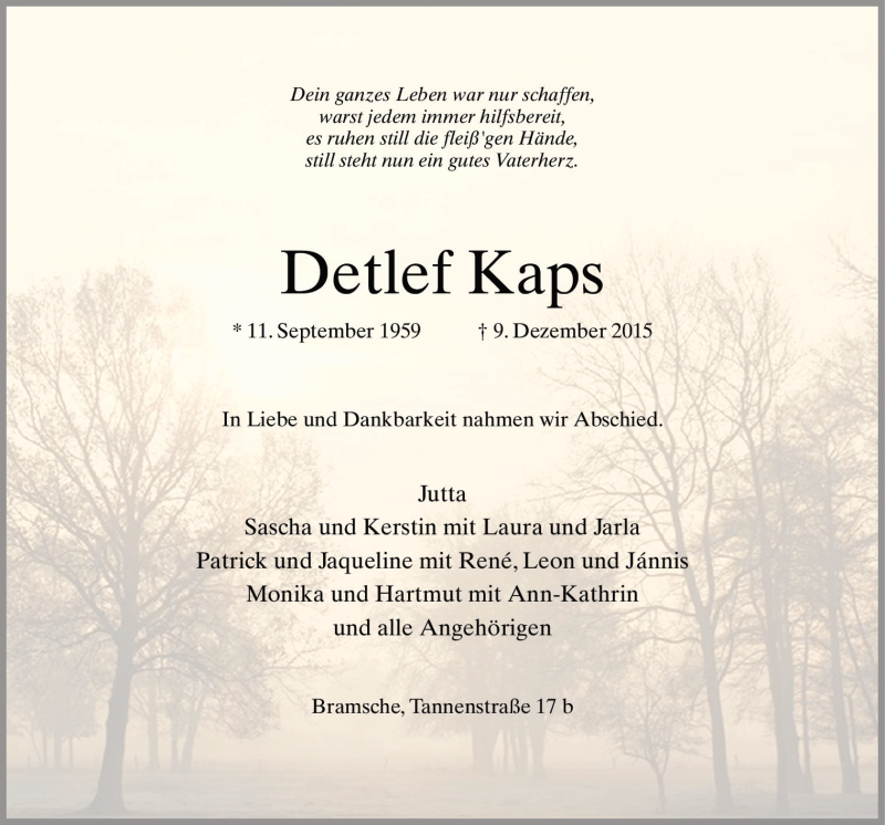  Traueranzeige für Detlef  Kaps vom 15.12.2015 aus Neue Osnabrücker Zeitung GmbH & Co. KG