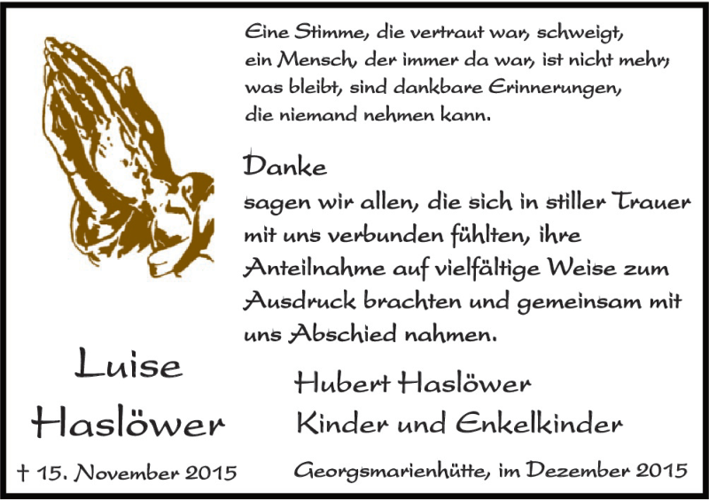  Traueranzeige für Luise Haslöwer vom 19.12.2015 aus Neue Osnabrücker Zeitung GmbH & Co. KG