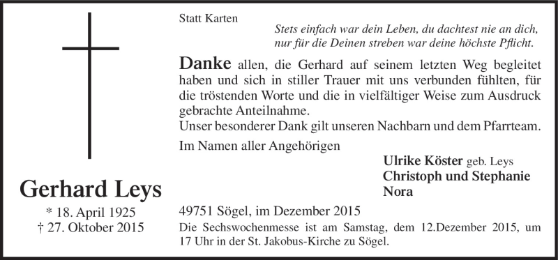  Traueranzeige für Gerhard Leys vom 05.12.2015 aus Neue Osnabrücker Zeitung GmbH & Co. KG