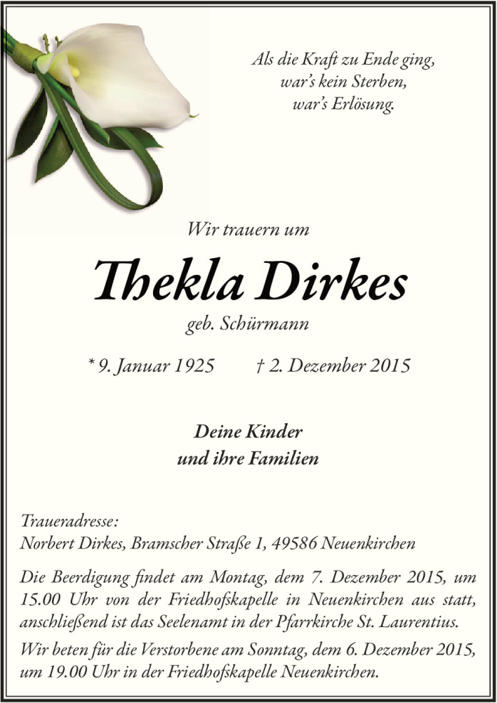  Traueranzeige für Thekla Dirkes vom 05.12.2015 aus Neue Osnabrücker Zeitung GmbH & Co. KG