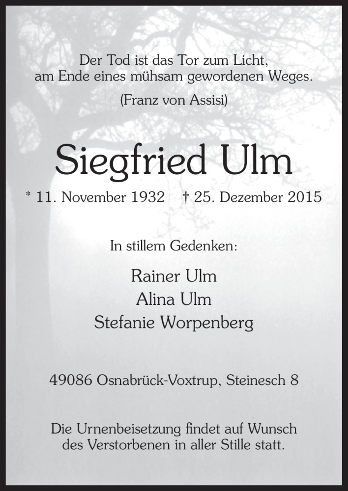  Traueranzeige für Siegfried Ulm vom 29.12.2015 aus Neue Osnabrücker Zeitung GmbH & Co. KG