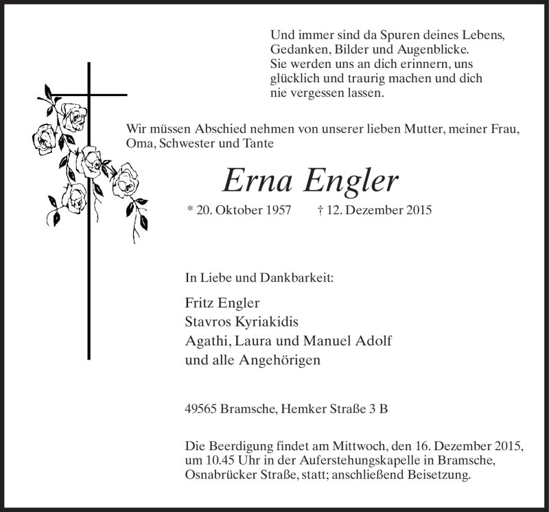  Traueranzeige für Erna  Engler vom 15.12.2015 aus Neue Osnabrücker Zeitung GmbH & Co. KG