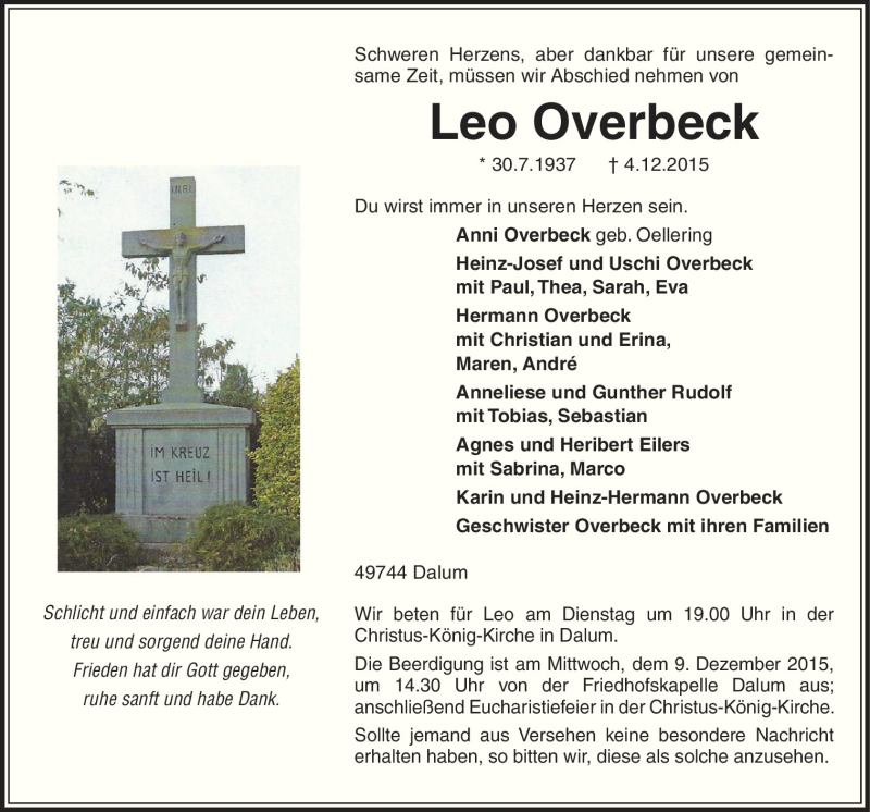  Traueranzeige für Leo Overbeck vom 07.12.2015 aus Neue Osnabrücker Zeitung GmbH & Co. KG
