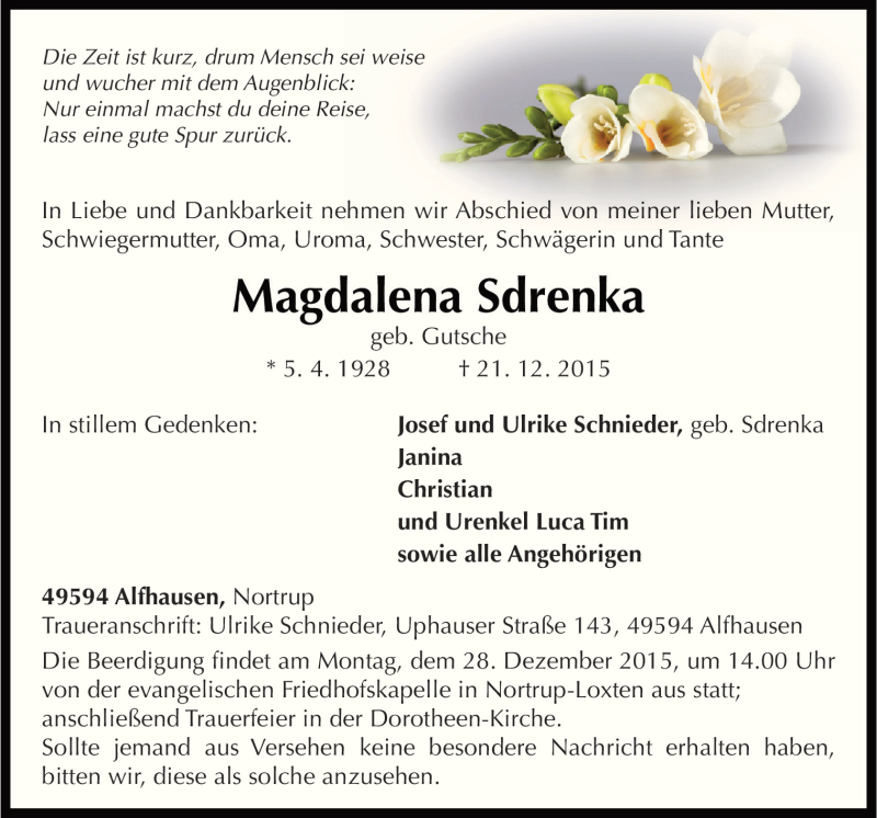  Traueranzeige für Magdalena Sdrenka vom 23.12.2015 aus Neue Osnabrücker Zeitung GmbH & Co. KG