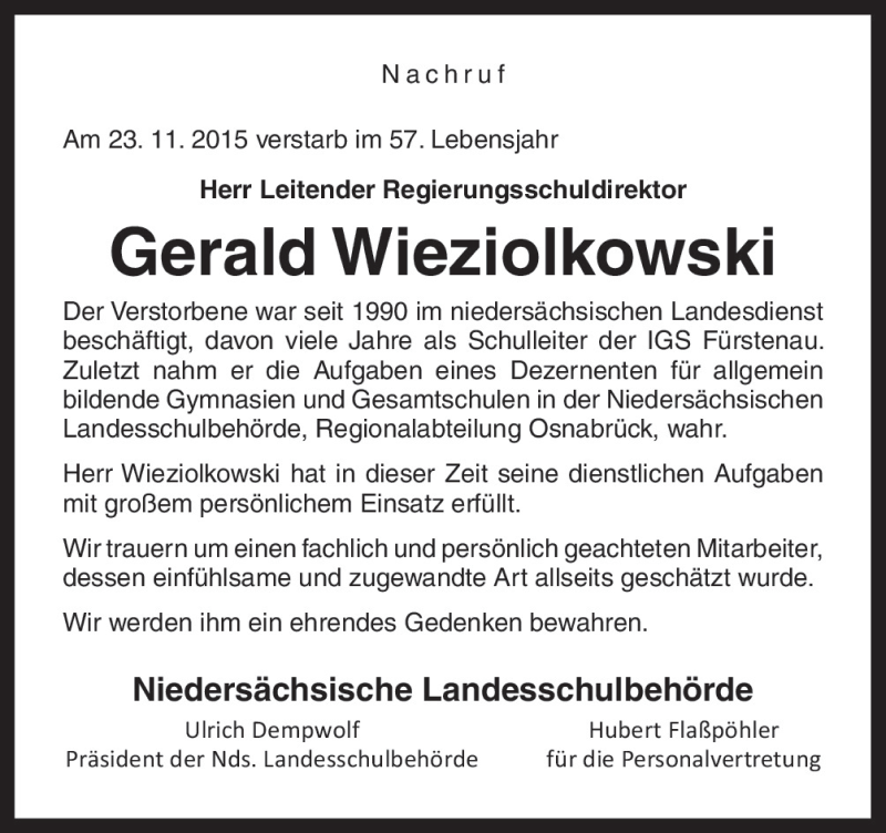  Traueranzeige für Gerald Wieziolkowski vom 01.12.2015 aus Neue Osnabrücker Zeitung GmbH & Co. KG