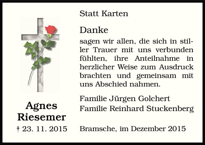  Traueranzeige für Agnes Riesemer vom 19.12.2015 aus Neue Osnabrücker Zeitung GmbH & Co. KG