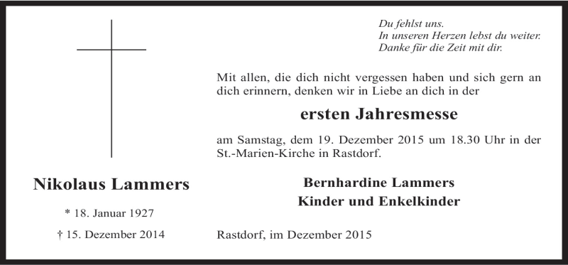  Traueranzeige für Nikolaus Lammers vom 16.12.2015 aus Neue Osnabrücker Zeitung GmbH & Co. KG