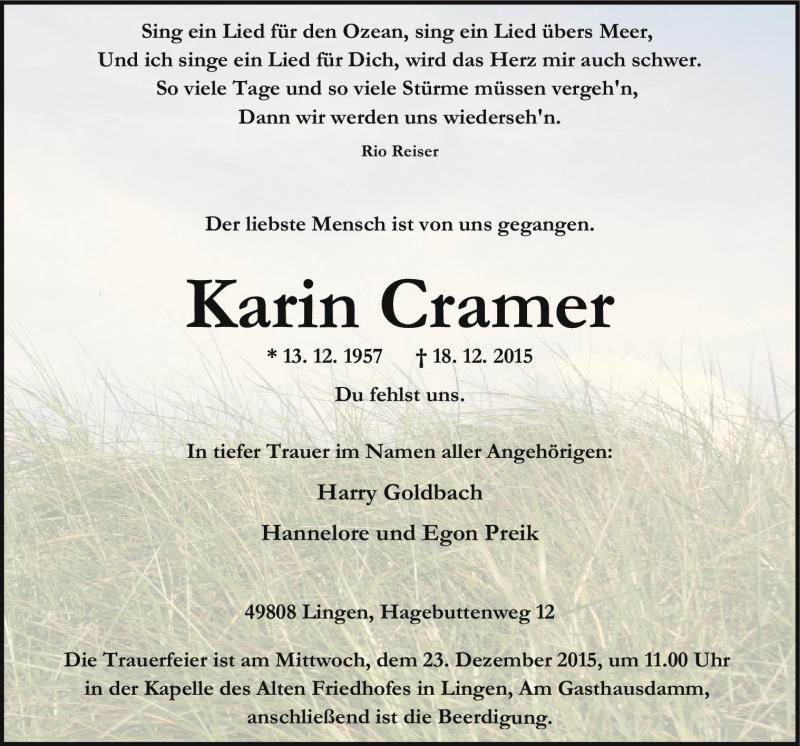  Traueranzeige für Karin Cramer vom 21.12.2015 aus Neue Osnabrücker Zeitung GmbH & Co. KG