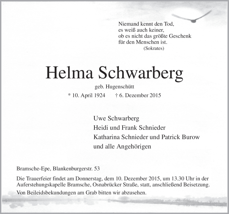  Traueranzeige für Helma Schwarberg vom 08.12.2015 aus Neue Osnabrücker Zeitung GmbH & Co. KG