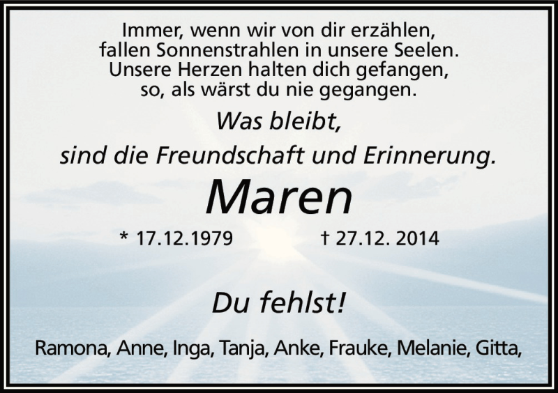  Traueranzeige für Maren Schleper vom 24.12.2015 aus Neue Osnabrücker Zeitung GmbH & Co. KG