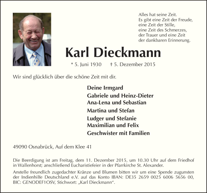  Traueranzeige für Karl Dieckmann vom 07.12.2015 aus Neue Osnabrücker Zeitung GmbH & Co. KG