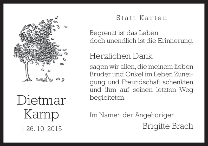  Traueranzeige für Dietmar Kamp vom 16.12.2015 aus Neue Osnabrücker Zeitung GmbH & Co. KG