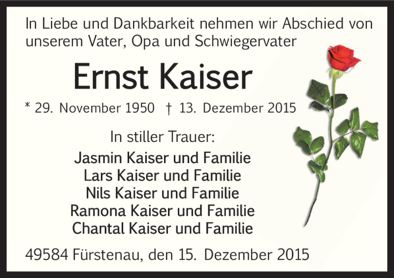  Traueranzeige für Ernst Kaiser vom 15.12.2015 aus Neue Osnabrücker Zeitung GmbH & Co. KG