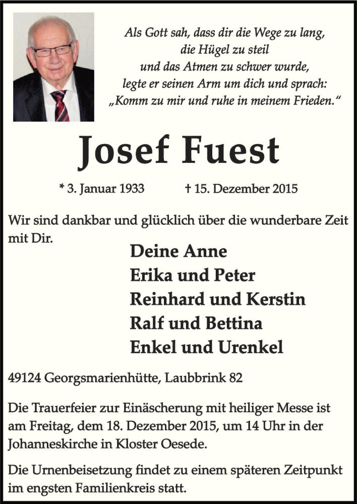  Traueranzeige für Josef Fuest vom 17.12.2015 aus Neue Osnabrücker Zeitung GmbH & Co. KG