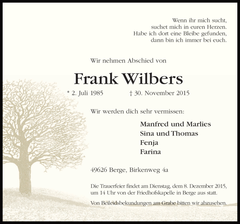  Traueranzeige für Frank Wilbers vom 05.12.2015 aus Neue Osnabrücker Zeitung GmbH & Co. KG