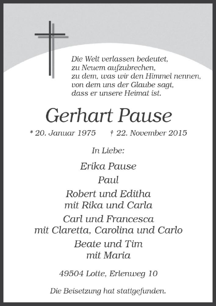  Traueranzeige für Gerhart Pause vom 02.12.2015 aus Neue Osnabrücker Zeitung GmbH & Co. KG