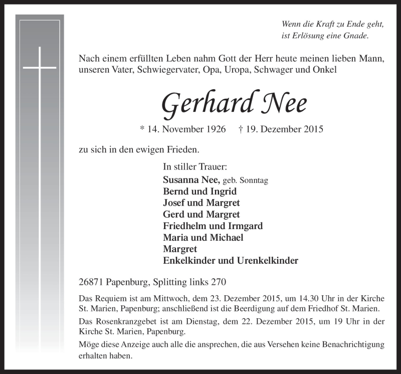  Traueranzeige für Gerhard Nee vom 21.12.2015 aus Neue Osnabrücker Zeitung GmbH & Co. KG