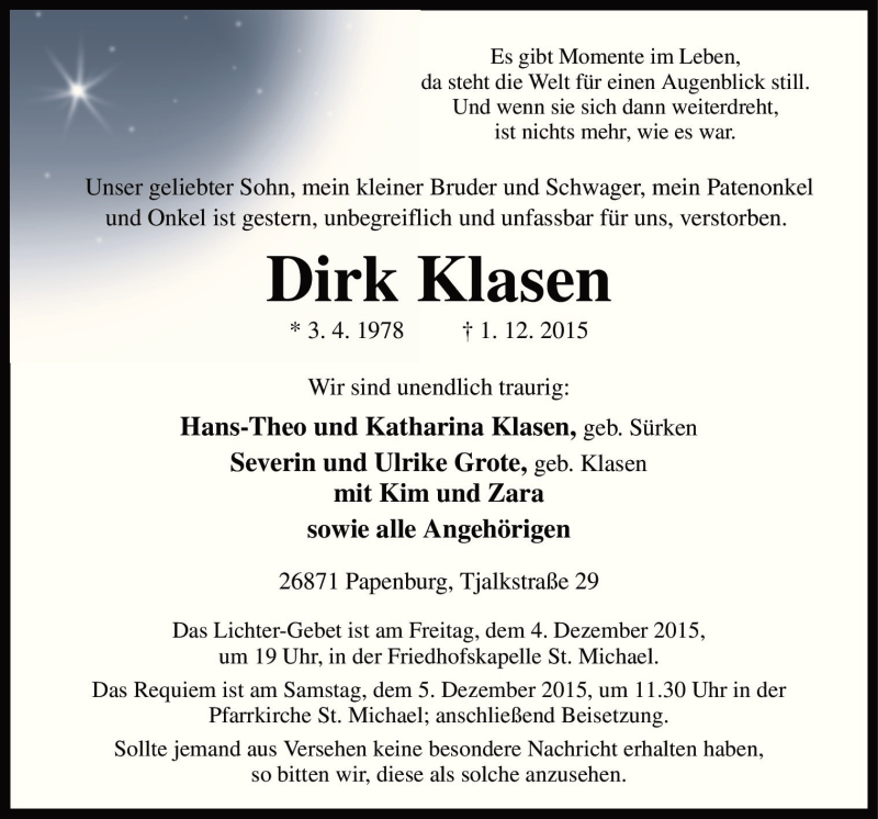  Traueranzeige für Dirk Klasen vom 03.12.2015 aus Neue Osnabrücker Zeitung GmbH & Co. KG