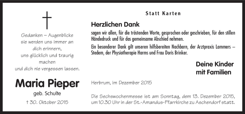  Traueranzeige für Maria Pieper vom 08.12.2015 aus Neue Osnabrücker Zeitung GmbH & Co. KG