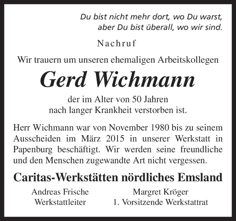  Traueranzeige für Gerd Wichmann vom 18.12.2015 aus Neue Osnabrücker Zeitung GmbH & Co. KG