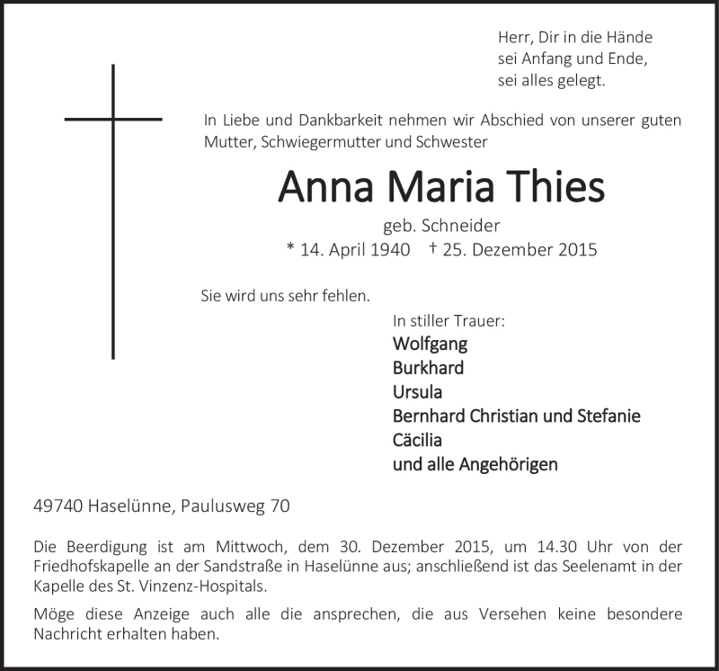  Traueranzeige für Anna Maria Thies vom 28.12.2015 aus Neue Osnabrücker Zeitung GmbH & Co. KG