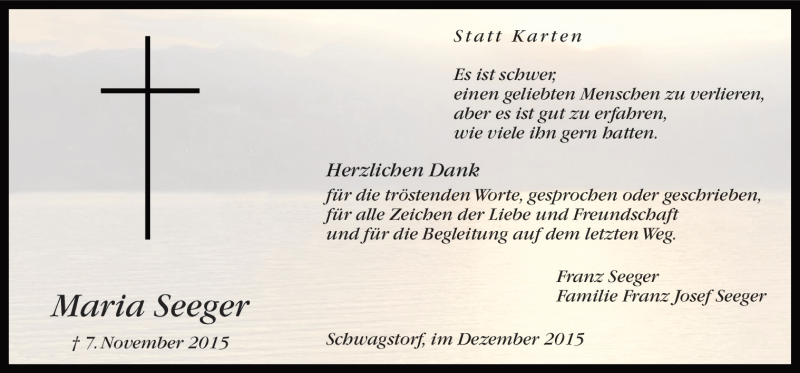  Traueranzeige für Maria Seeger vom 05.12.2015 aus Neue Osnabrücker Zeitung GmbH & Co. KG
