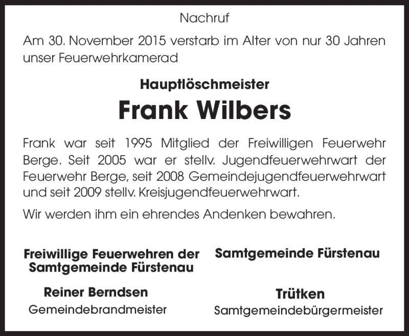  Traueranzeige für Frank Wilbers vom 08.12.2015 aus Neue Osnabrücker Zeitung GmbH & Co. KG