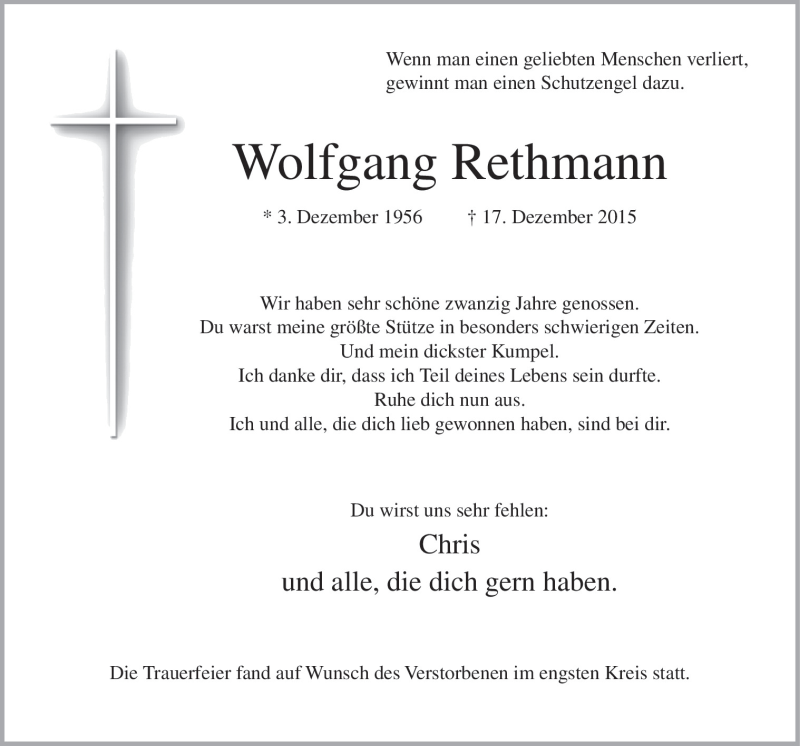  Traueranzeige für Wolfgang Rethmann vom 23.12.2015 aus Neue Osnabrücker Zeitung GmbH & Co. KG