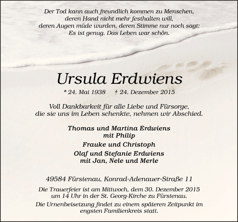  Traueranzeige für Ursula Erdwiens vom 28.12.2015 aus Neue Osnabrücker Zeitung GmbH & Co. KG