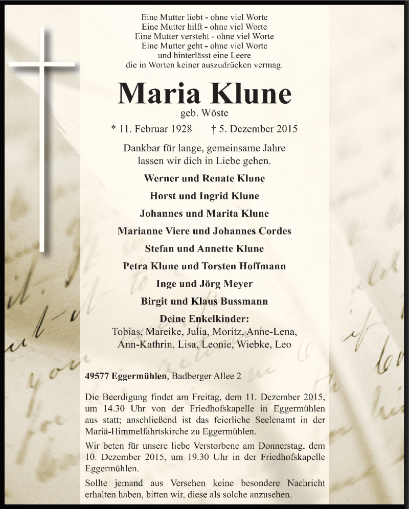  Traueranzeige für Maria Klune vom 08.12.2015 aus Neue Osnabrücker Zeitung GmbH & Co. KG