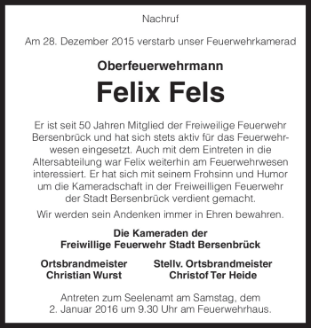 Traueranzeige von Felix Fels von Neue Osnabrücker Zeitung GmbH & Co. KG