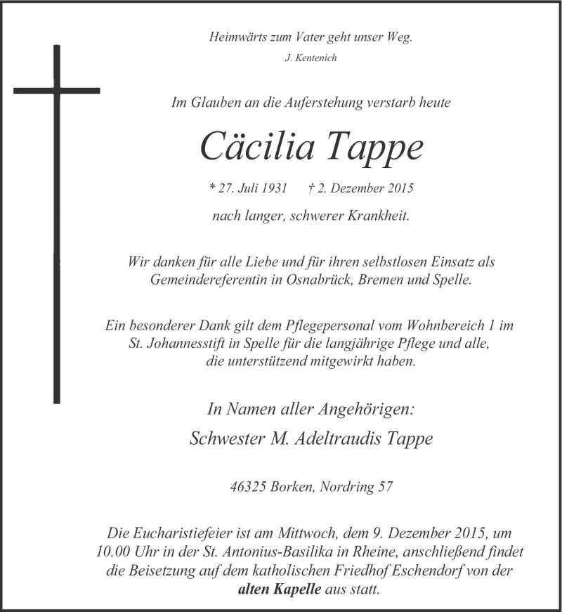  Traueranzeige für Cäcilia Tappe vom 08.12.2015 aus Neue Osnabrücker Zeitung GmbH & Co. KG