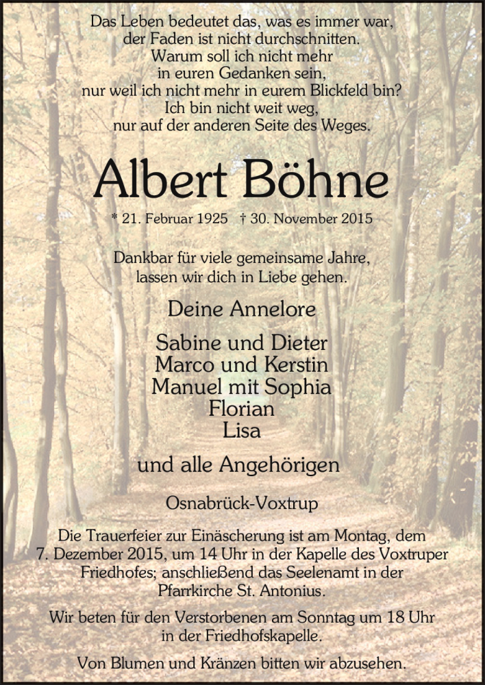  Traueranzeige für Albert Böhne vom 03.12.2015 aus Neue Osnabrücker Zeitung GmbH & Co. KG