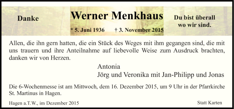  Traueranzeige für Werner Menkhaus vom 12.12.2015 aus Neue Osnabrücker Zeitung GmbH & Co. KG