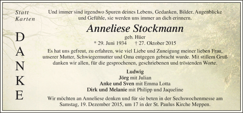  Traueranzeige für Anneliese Stockmann vom 12.12.2015 aus Neue Osnabrücker Zeitung GmbH & Co. KG
