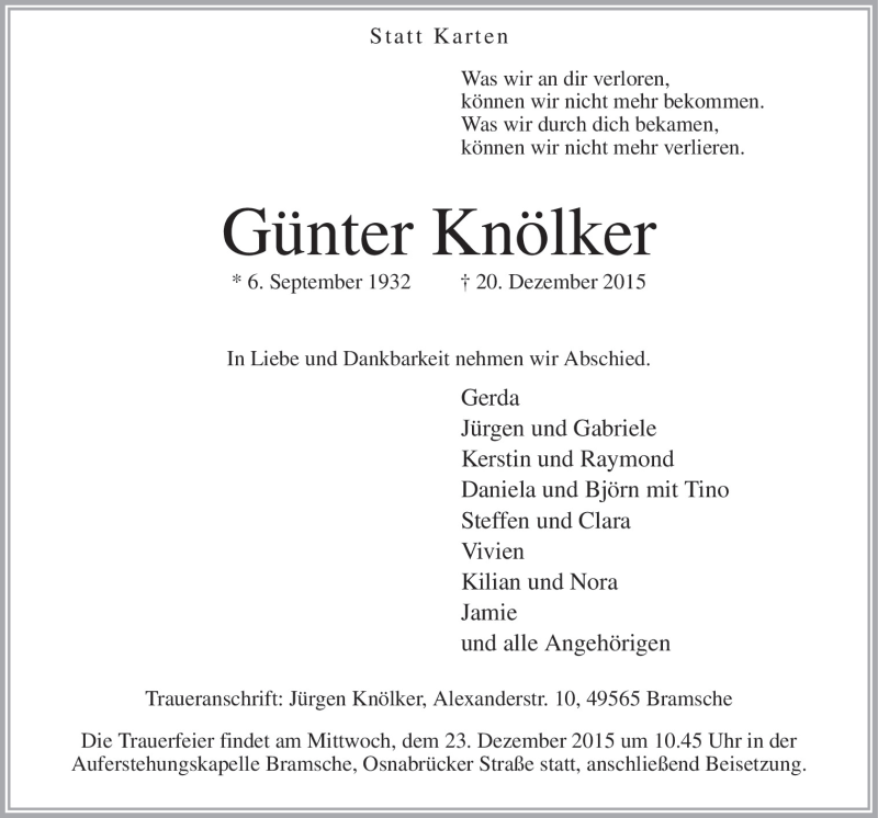  Traueranzeige für Günter Knölker vom 22.12.2015 aus Neue Osnabrücker Zeitung GmbH & Co. KG