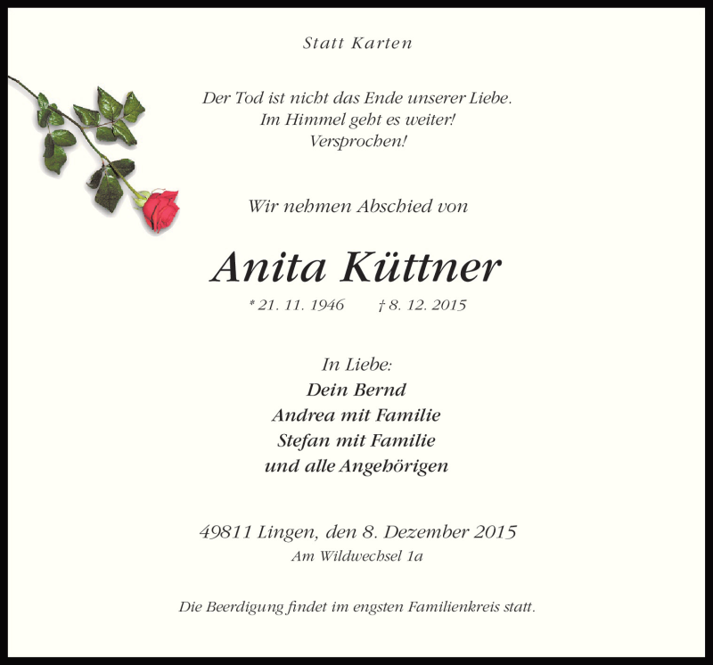  Traueranzeige für Anita Küttner vom 11.12.2015 aus Neue Osnabrücker Zeitung GmbH & Co. KG