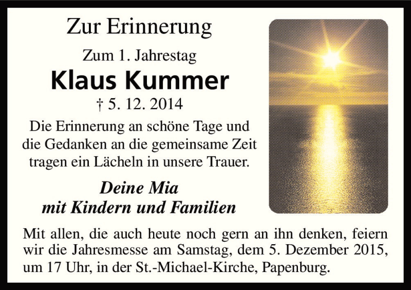  Traueranzeige für Klaus Kummer vom 05.12.2015 aus Neue Osnabrücker Zeitung GmbH & Co. KG
