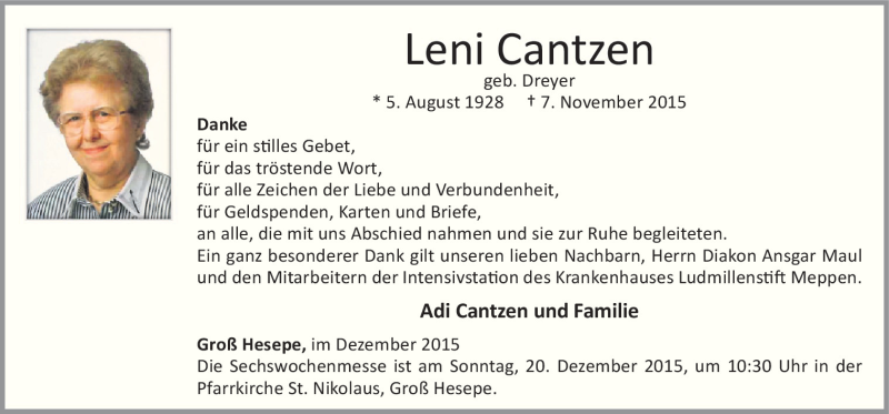  Traueranzeige für Leni Cantzen vom 16.12.2015 aus Neue Osnabrücker Zeitung GmbH & Co. KG