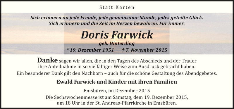  Traueranzeige für Doris Farwick vom 16.12.2015 aus Neue Osnabrücker Zeitung GmbH & Co. KG