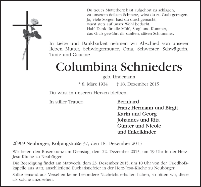  Traueranzeige für Columbina Schnieders vom 21.12.2015 aus Neue Osnabrücker Zeitung GmbH & Co. KG