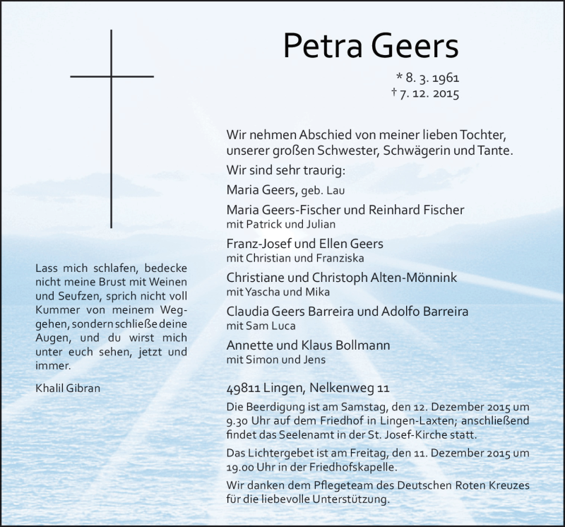  Traueranzeige für Petra Geers vom 10.12.2015 aus Neue Osnabrücker Zeitung GmbH & Co. KG