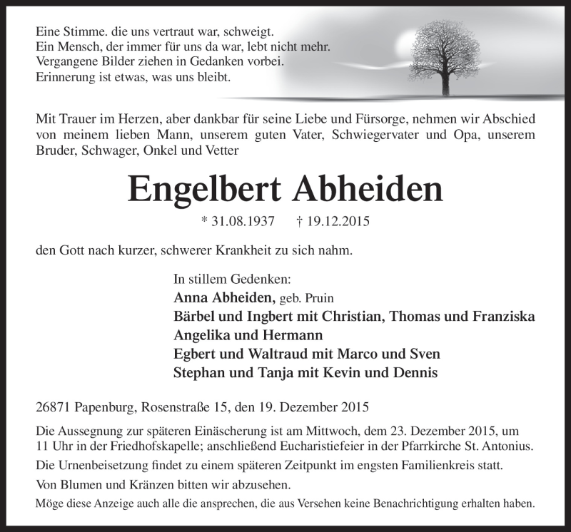  Traueranzeige für Engelbert Abheiden vom 21.12.2015 aus Neue Osnabrücker Zeitung GmbH & Co. KG